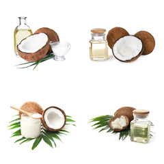 Set with coconut oil and nuts on white background