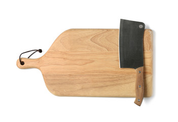 Cleaver knife with wooden board isolated on white, top view