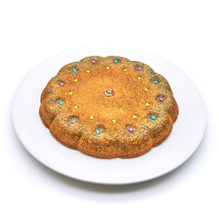 Delicious pastry tangerine pie. Homemade cakes with poppy seeds on a plate close-up. Big orange tangerine pie on isolated white background.