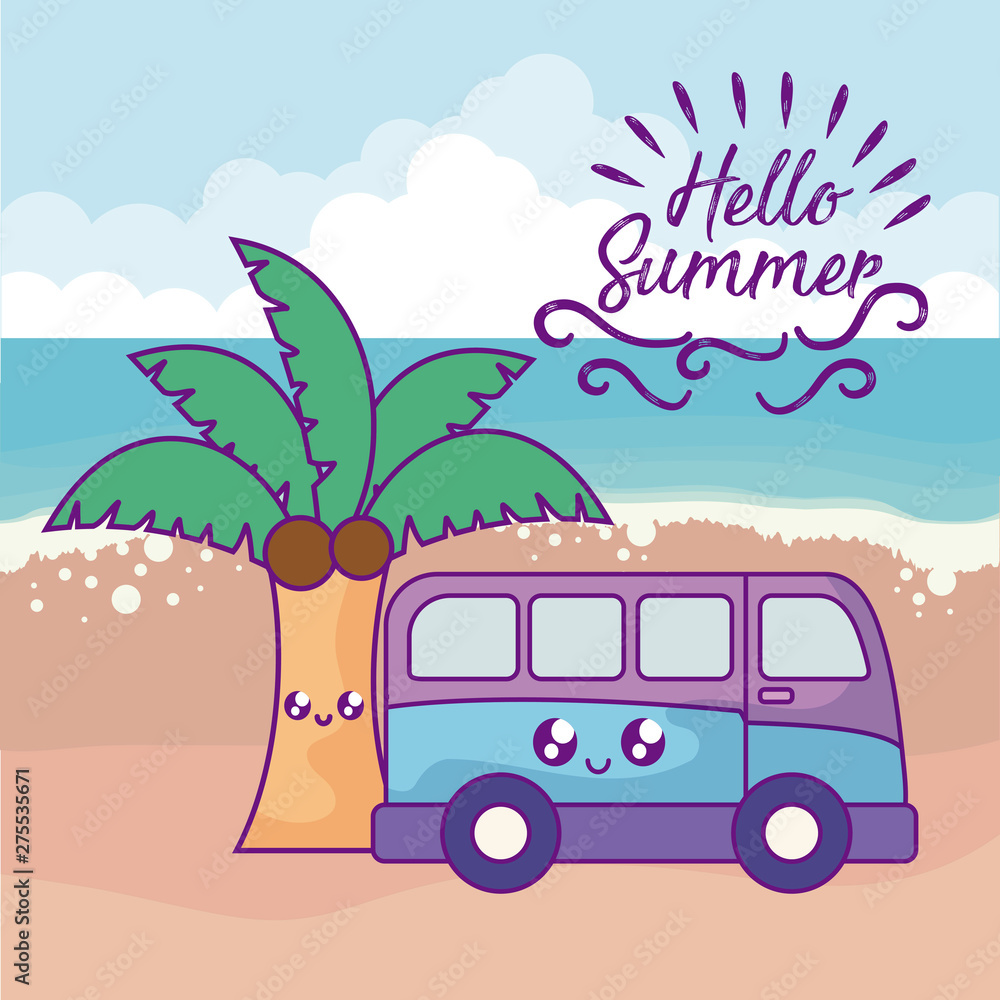 Sticker summer label with van car in beach and tree palm kawaii