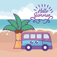 summer label with van car in beach and tree palm kawaii