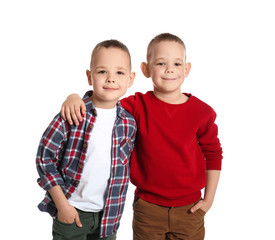 Portrait of cute twin brothers on white background