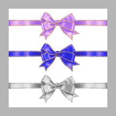 Set of three realistic white, lavender lilac color and blue silk ribbon bow with gold and silver glitter shiny stripes, vector illustration for decoration, promotion, advetrisment, sale