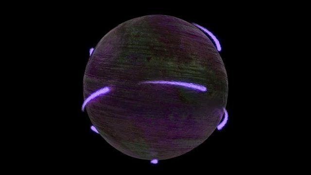 Futuristic ball with alpha channel. Neon particles moving around the sphere. Seamless pattern.