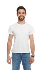 Fototapeta premium Young man in t-shirt on white background. Mock up for design