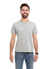 Fototapeta premium Young man in t-shirt on white background. Mock up for design