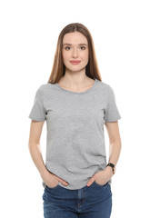 Obraz premium Young woman in t-shirt on white background. Mock up for design
