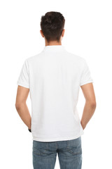 Fototapeta premium Young man in t-shirt on white background. Mock up for design