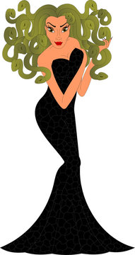 Medusa Gargona in a black dress with snakes on her head