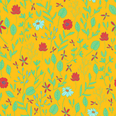 leafy, dense, stylish botanical floral vector seamless pattern mustard background editable