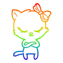 rainbow gradient line drawing cute cartoon cat with bow