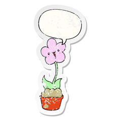 cute cartoon flower and speech bubble distressed sticker