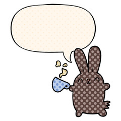 cute cartoon rabbit and coffee cup and speech bubble in comic book style