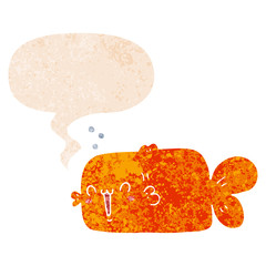 cartoon fish and speech bubble in retro textured style