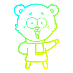 cold gradient line drawing laughing teddy  bear cartoon in winter clothes