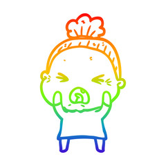 rainbow gradient line drawing cartoon angry old woman