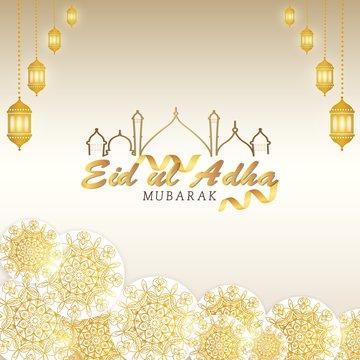 Eid Mubarak greeting Card Vector in golden color, Wishing for Islamic festival for banner,brochure and sale background in paper art style 