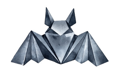 Water color drawing of dark Origami Bat. Beautiful symbol of mystery, rebirth, good fortune, night time. Hand drawn watercolour artistic paint on white background, cutout clipart element for design.