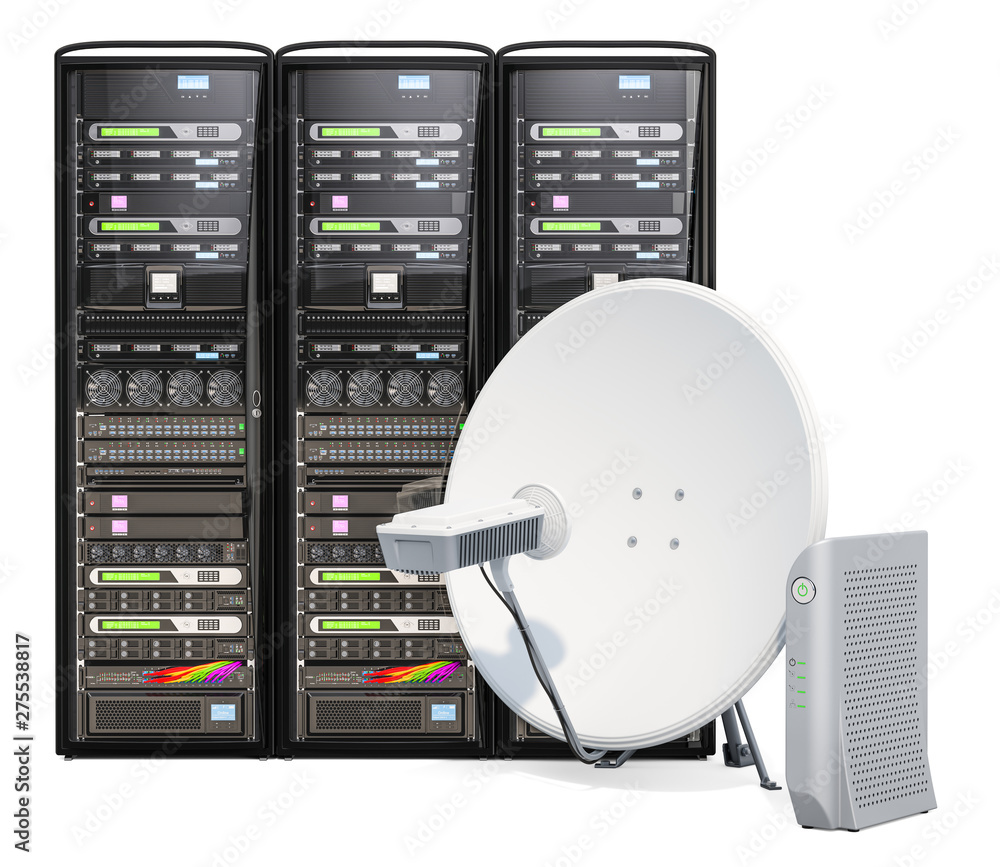 Poster satellite internet access concept. computer server racks with communication satellite dish and satel
