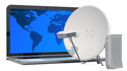 Satellite Internet access concept. Laptop with communication satellite dish and satellite modem, 3D rendering