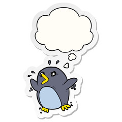 cartoon frightened penguin and thought bubble as a printed sticker