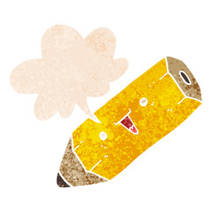 cute cartoon pencil and speech bubble in retro textured style