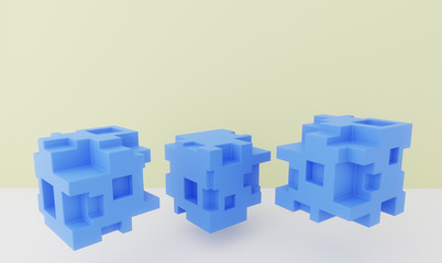 Three abstract  cubes in the air. Pedestals. 3D rendering.