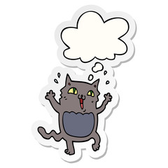 cartoon crazy excited cat and thought bubble as a printed sticker