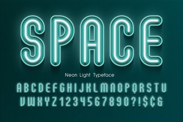 Neon light 3d alphabet, extra glowing font.