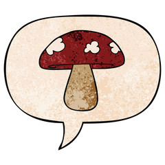 cartoon mushroom and speech bubble in retro texture style