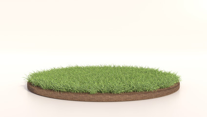 3D Illustration of round green grass, soil ground, turf. Grass circle. Realistic 3D rendering .