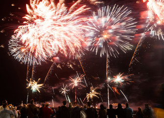 Holiday fireworks near the river on the black sky background