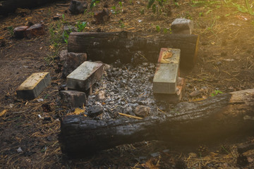 halt place with a fire in a coniferous forest