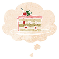 cartoon dessert cake and thought bubble in retro textured style