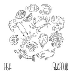 Set of hand drawn seafood, Healthy food drawings set elements for menu design. Vector illustration