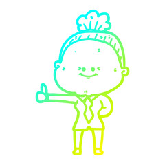 cold gradient line drawing cartoon happy old woman