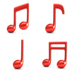 3d Rendering Four Red Music Notes isolated on white background