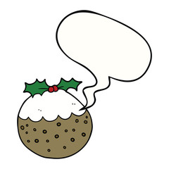cartoon christmas pudding and speech bubble