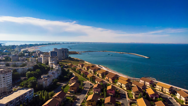 Aerial view of Constanta/Mamaia, popular tourist place and resort on black sea in a Romania. Also, in constanta is placed largest harbor in Romania.