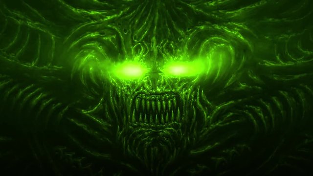 Evil screaming demon with horns and burning eyes. Angry devil head. 2D animation horror fantasy genre. Scary alien face. Creepy Halloween backdrop. Spooky animated short film. Green background color.