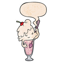cartoon ice cream soda girl and speech bubble in retro texture style