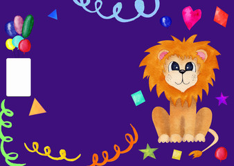 Cute greeting card for kids with lion. birthday invitation with place for text with purple background
