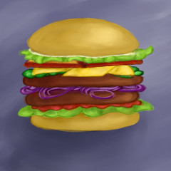 burger with two meatballs onion cheese salad drawing digital art on a purple background 