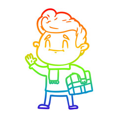 rainbow gradient line drawing happy cartoon man with gift