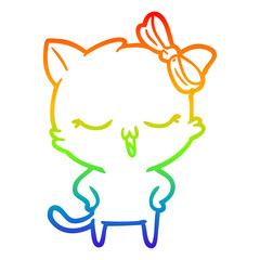 rainbow gradient line drawing cartoon cat with bow on head and hands on hips