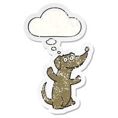 cartoon dog and thought bubble as a distressed worn sticker
