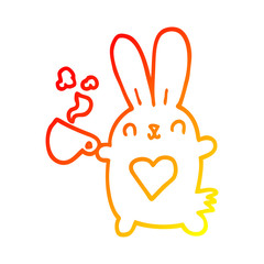 warm gradient line drawing cute cartoon rabbit with love heart and coffee cup