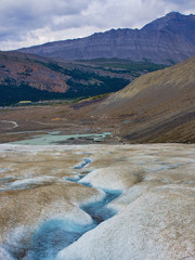 Fun time. People (Tourists) walking on. Glacier melt and excessive tourism. Athabasca Glacier Trailhead. Jasper, Yoho and Banff National Park. Alberta, British Columbia, Rd, Canada: August 4, 2018