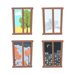 Windows set with landscape view in flat style. Spring, winter, autumn landscape, day and night, trees and houses. 