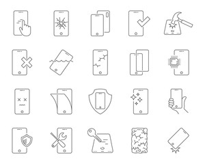 Repair of smartphones icons set. Breakage and protection of the smartphone, thin line design. Repair Center. Editable stroke. EPS 10.